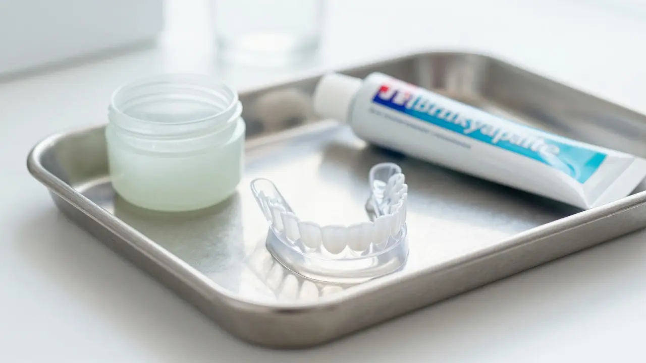 Domácí bělicí kazety a gel na klinickém podnose v ordinaci