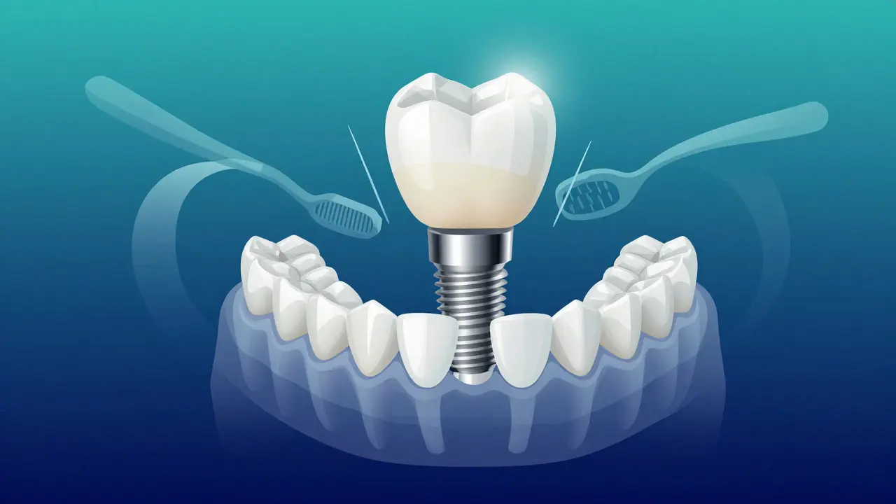 Konceptuální ilustrace implantátu a péče o nové zuby