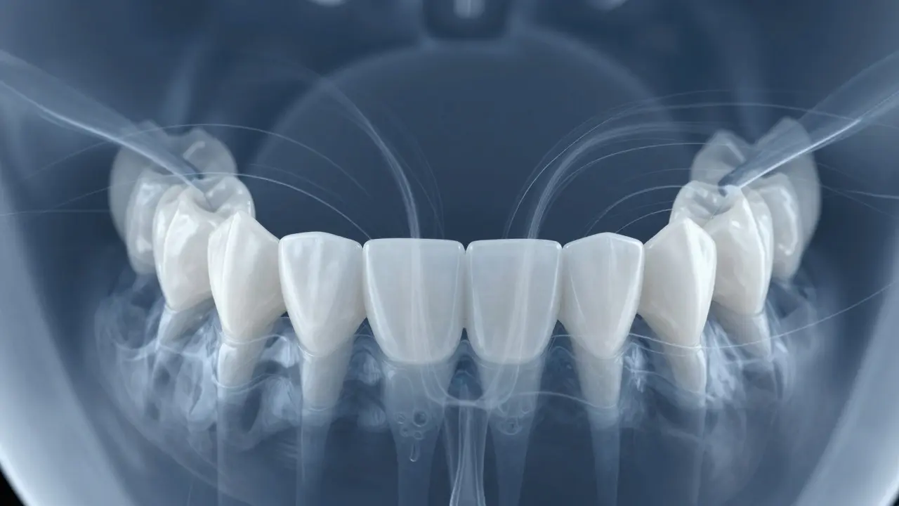Konceptuální ilustrace ukazující čistění mezizubních prostor u dentálních fazet