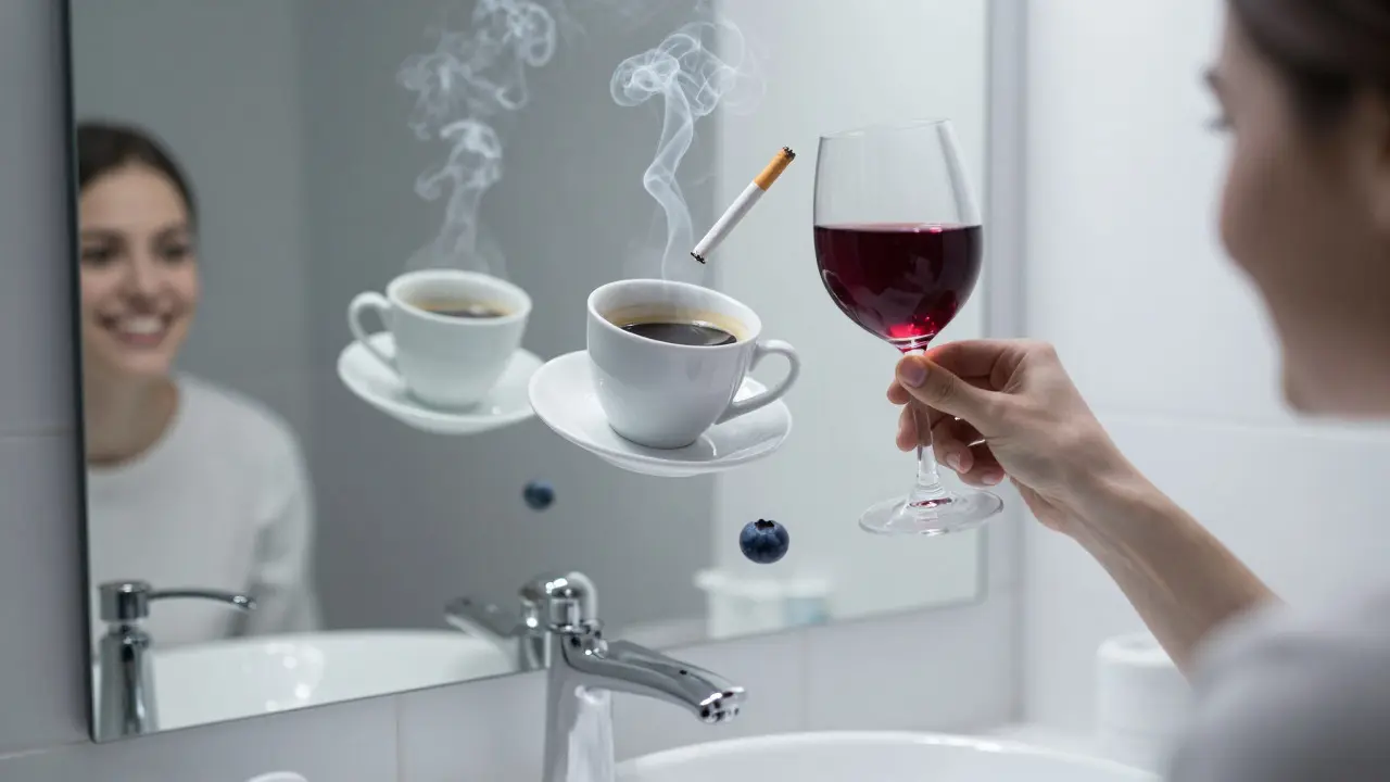 Konceptuální vizualizace vlivu kávy, vína a kouření na bílou barvu zubů