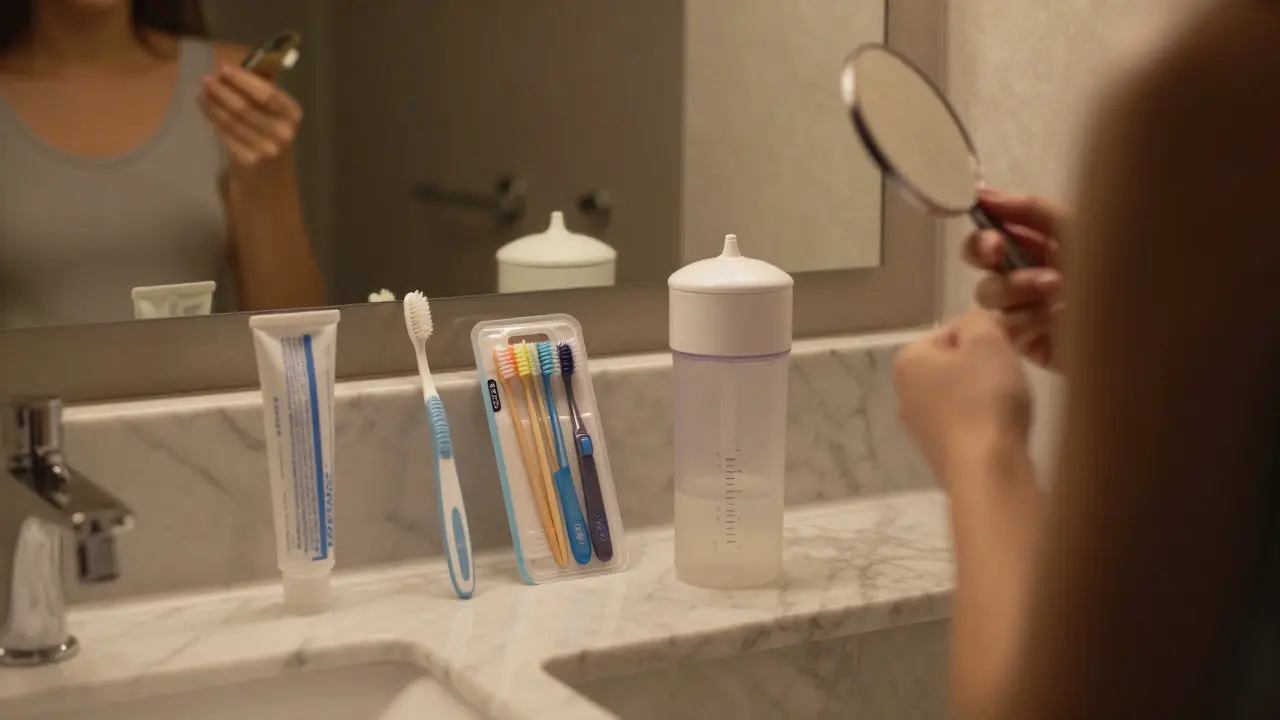 Přehledný přehled nástrojů pro večerní ústní hygienu na mramorové desce