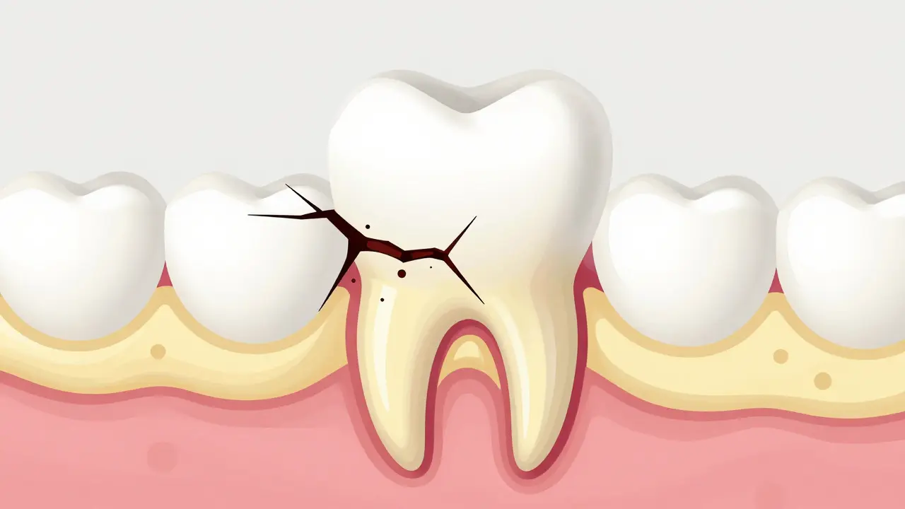 Schematický řez zubem ukazující prasklinu a poškození dentinu