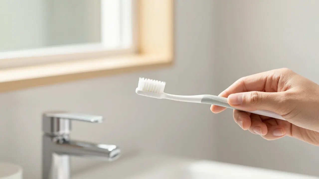 Správná technika čištění zubů pod úhlem 45 stupňů v koupelně