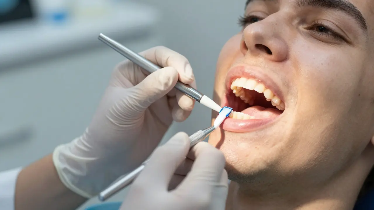 Stomatolog aplikuje fluoridový lak na zuby pacienta v moderní ordinaci