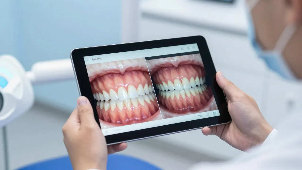 Stomatolog ukazuje digitální simulaci nového úsměvu na tabletu