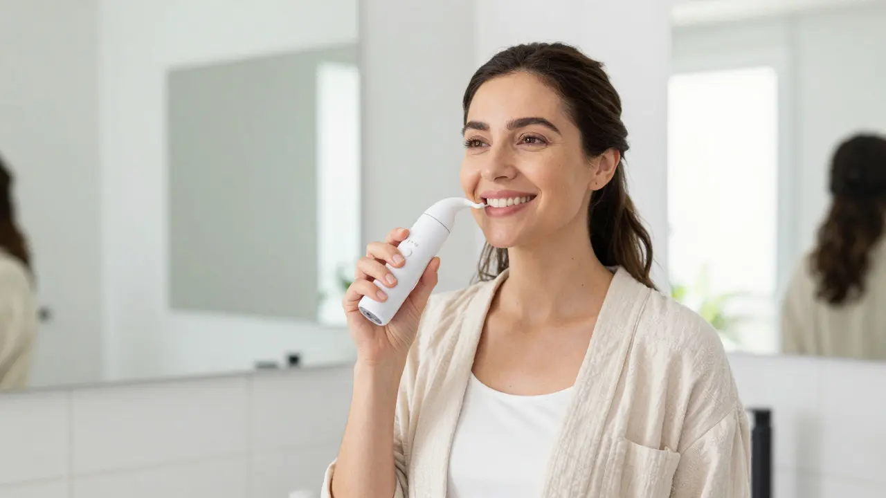 Woman demonstrating the correct angle for using an ultrasonic tooth cleaner in a bathroom