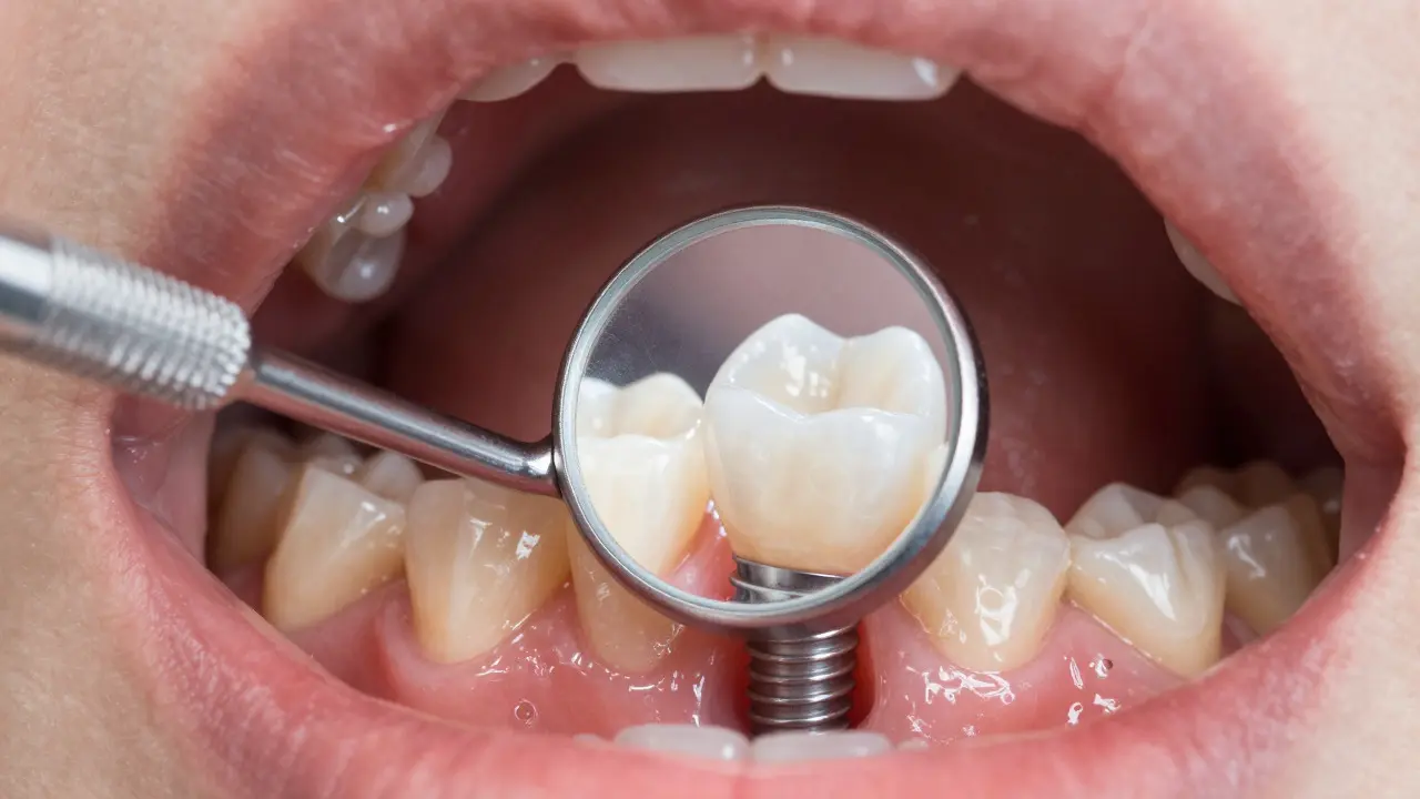 Záběr do úst ukazující zdravý zubní implantát a růžové dásně pomocí zrcátka