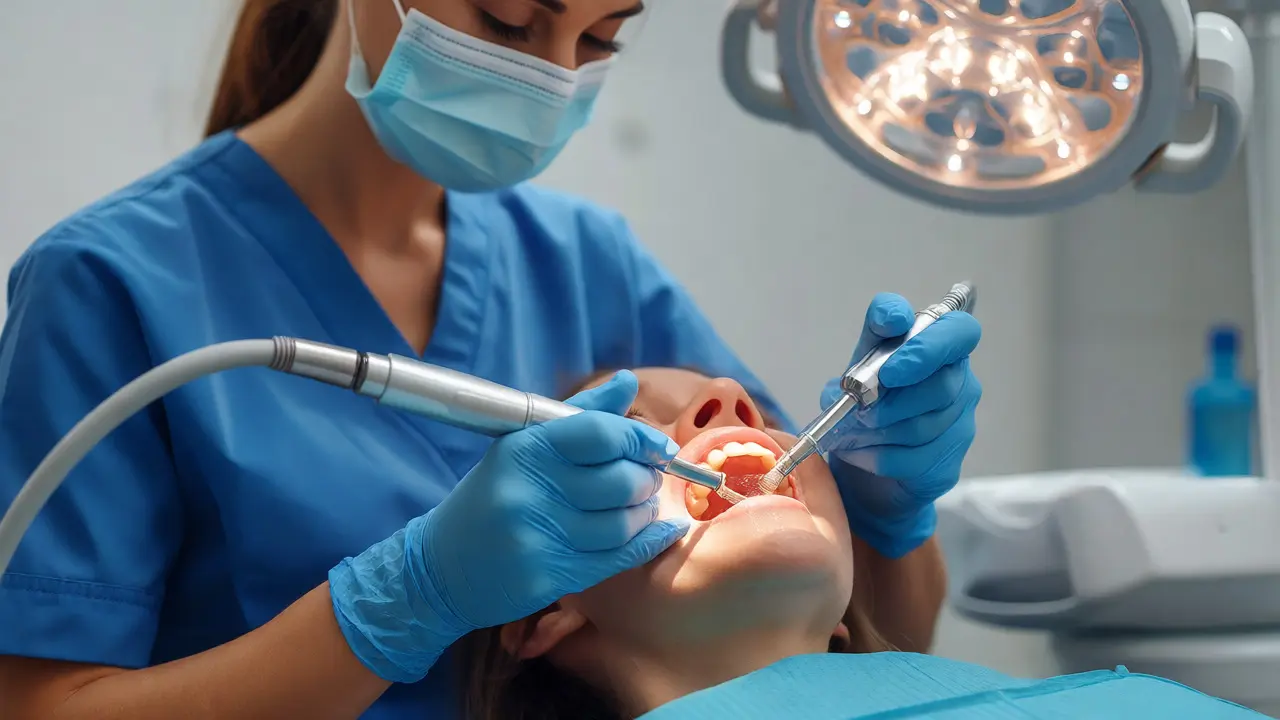 Dentální hygienista odstraňuje zubní kámen ultrazvukem u pacienta