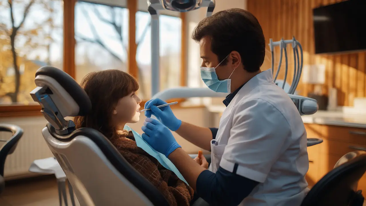 Dentista aplikuje skloionomerní plombu dítěti v klidné ordinaci