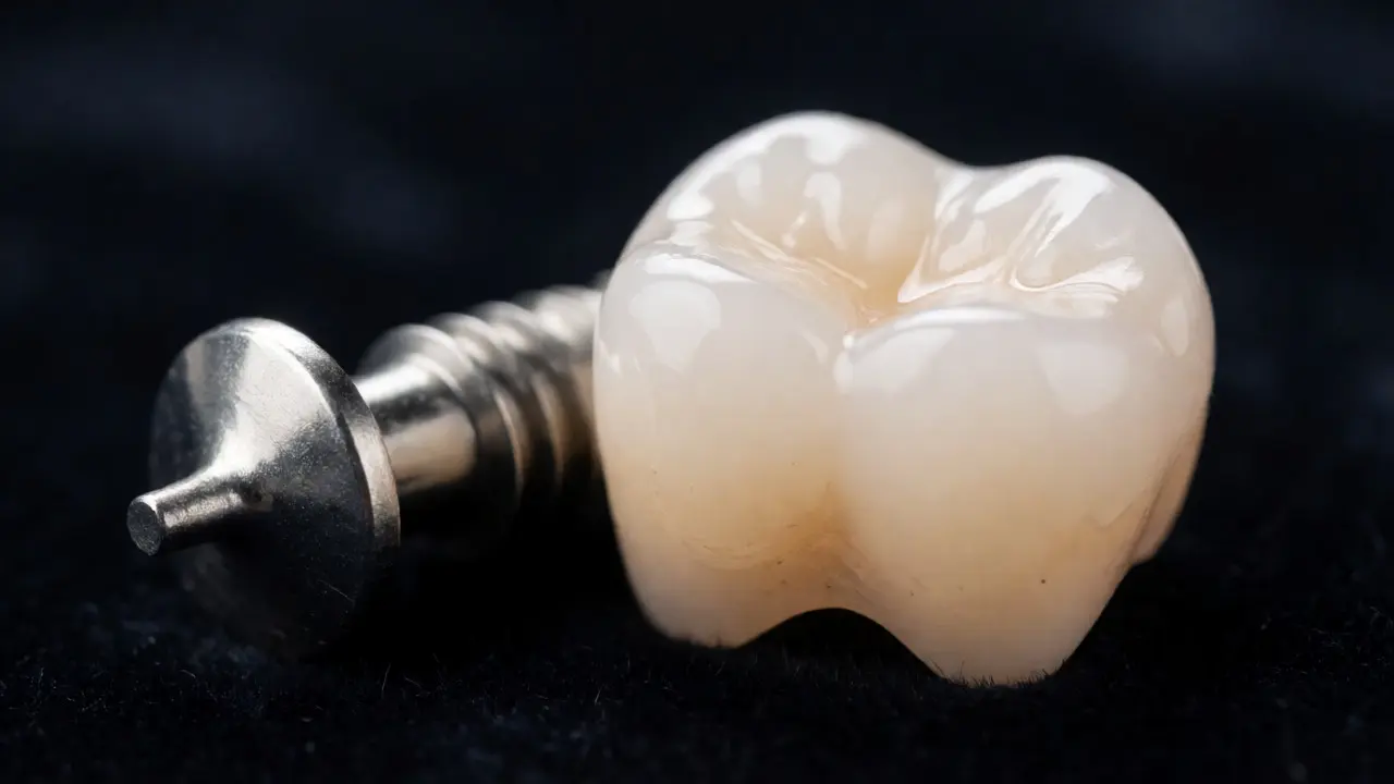 Detailní pohled na E-max keramickou korunku a titanový implantát.