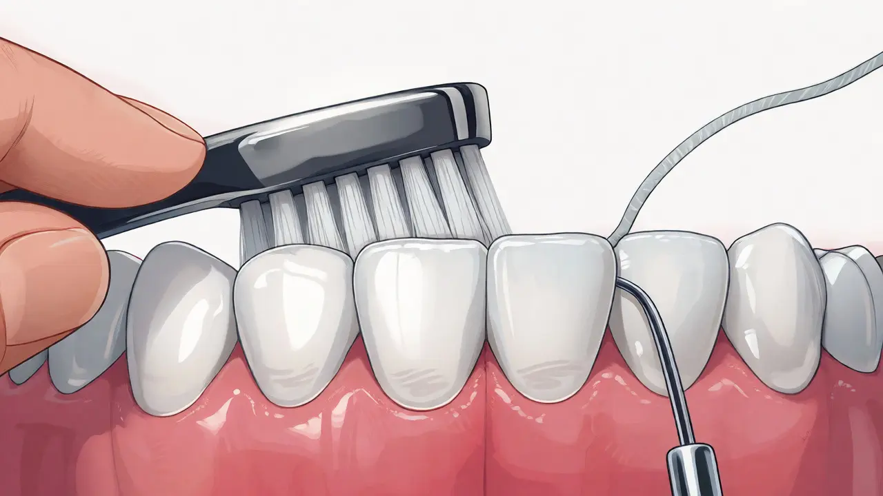 Ilustrace jemného čištění faset měkkým kartáčkem a dentální nití