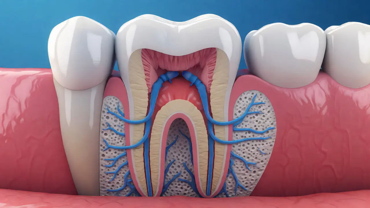 Ilustrace otevřených dentinových kanálků v citlivém zubu