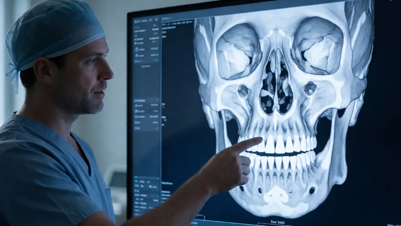 Lékař ukazuje na 3D CT snímek lebky při plánování operace