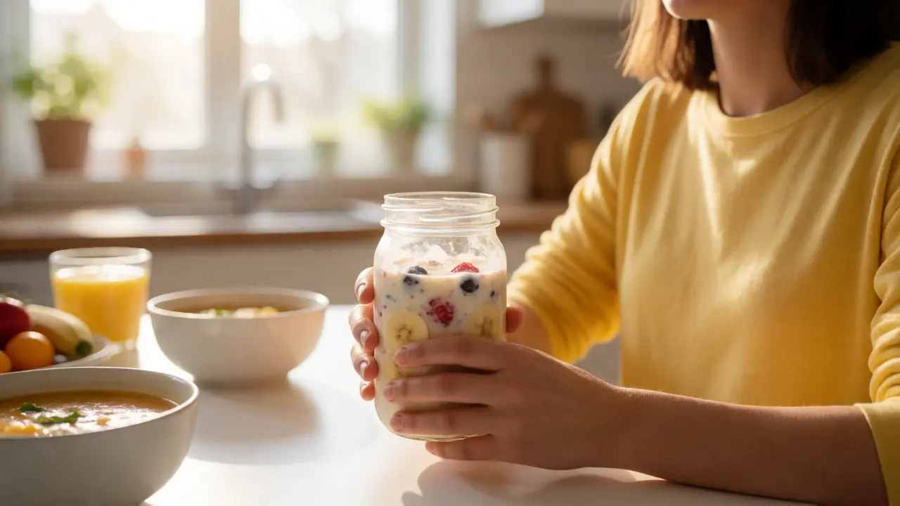 Osoba pije výživný smoothie jako součást měkké diety po maxilofaciální chirurgii.