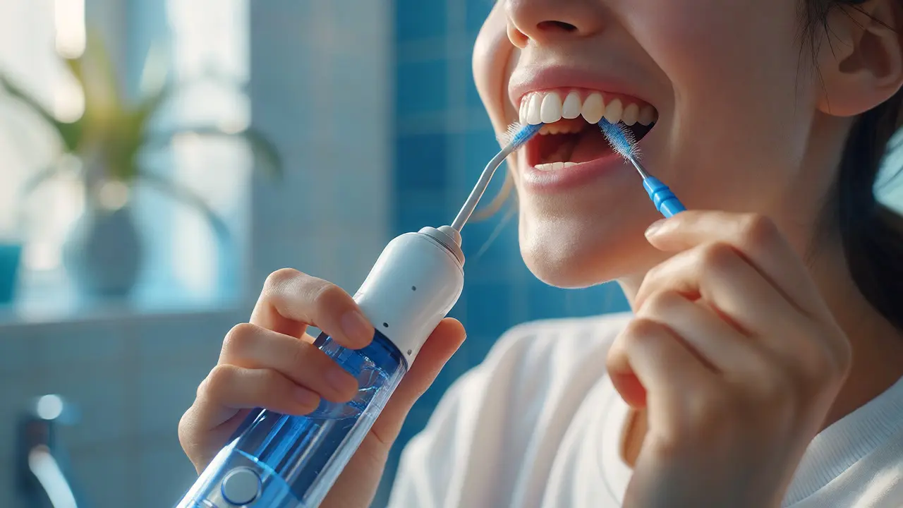 Osoba používá mezizubní kartáčky a irigátor pro prevenci