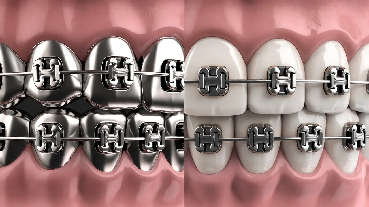 Porovnání kovových a keramických ortodontických zámků na dentálním modelu.