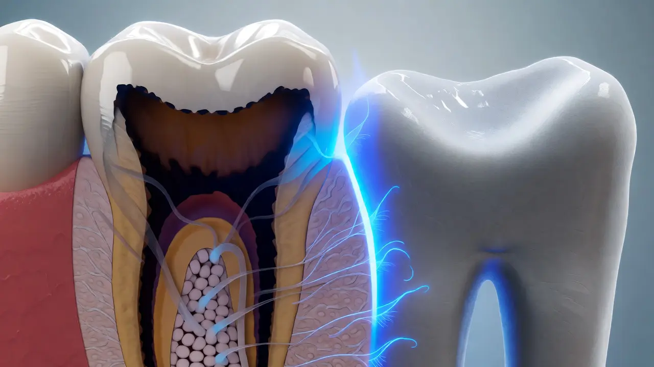 Průřez zubem ukazující šíření kazu do dentinu a fluoridovou bariéru