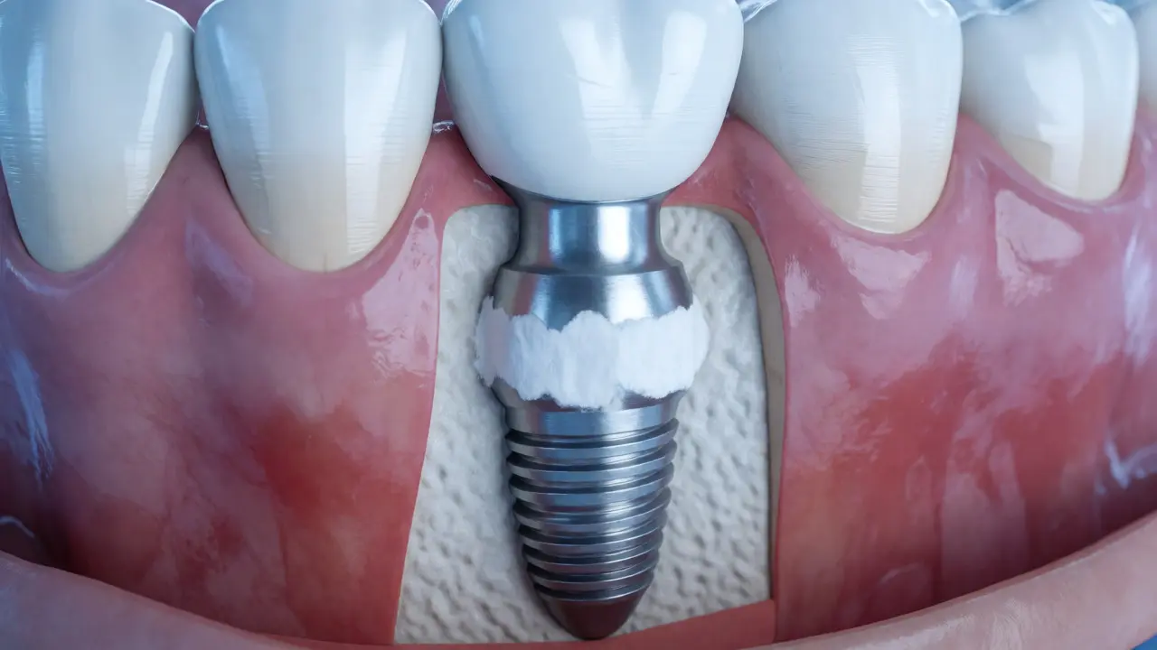 Zubní implantát s bílým povlakem a zánětem tkáně