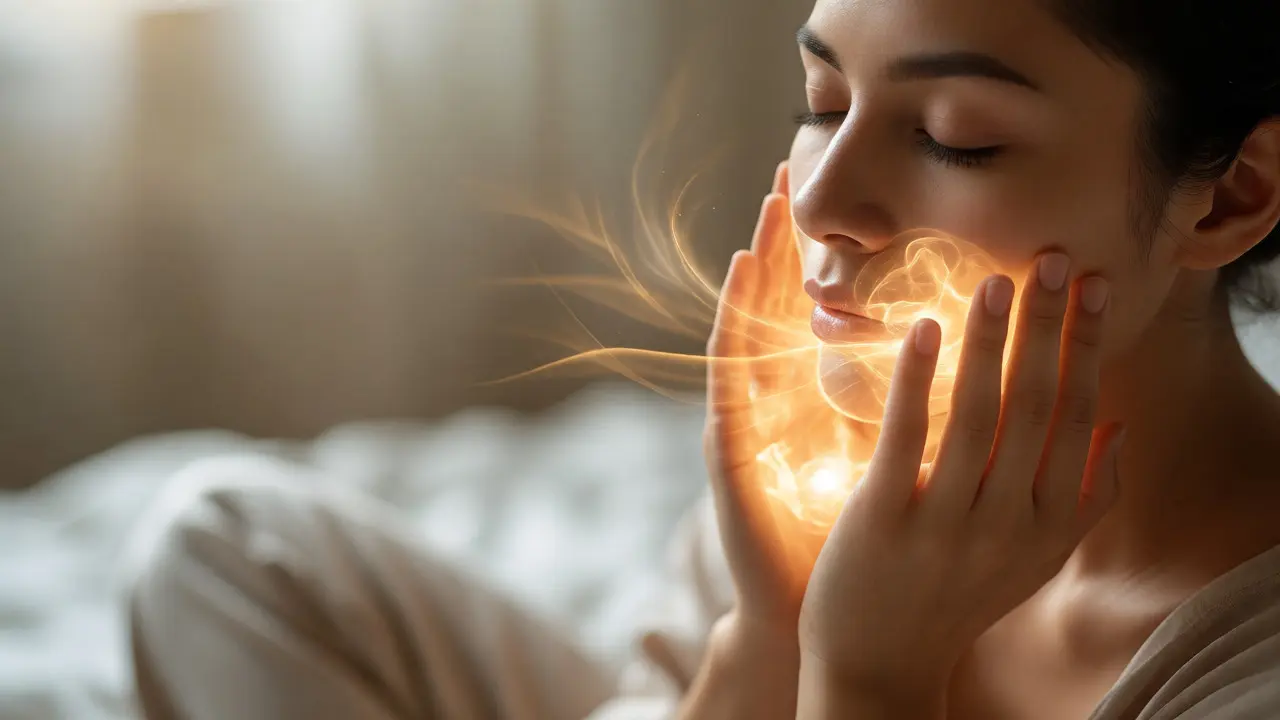 Člověk v meditaci s dlaněmi na tvářích a zlatou energií reiki.