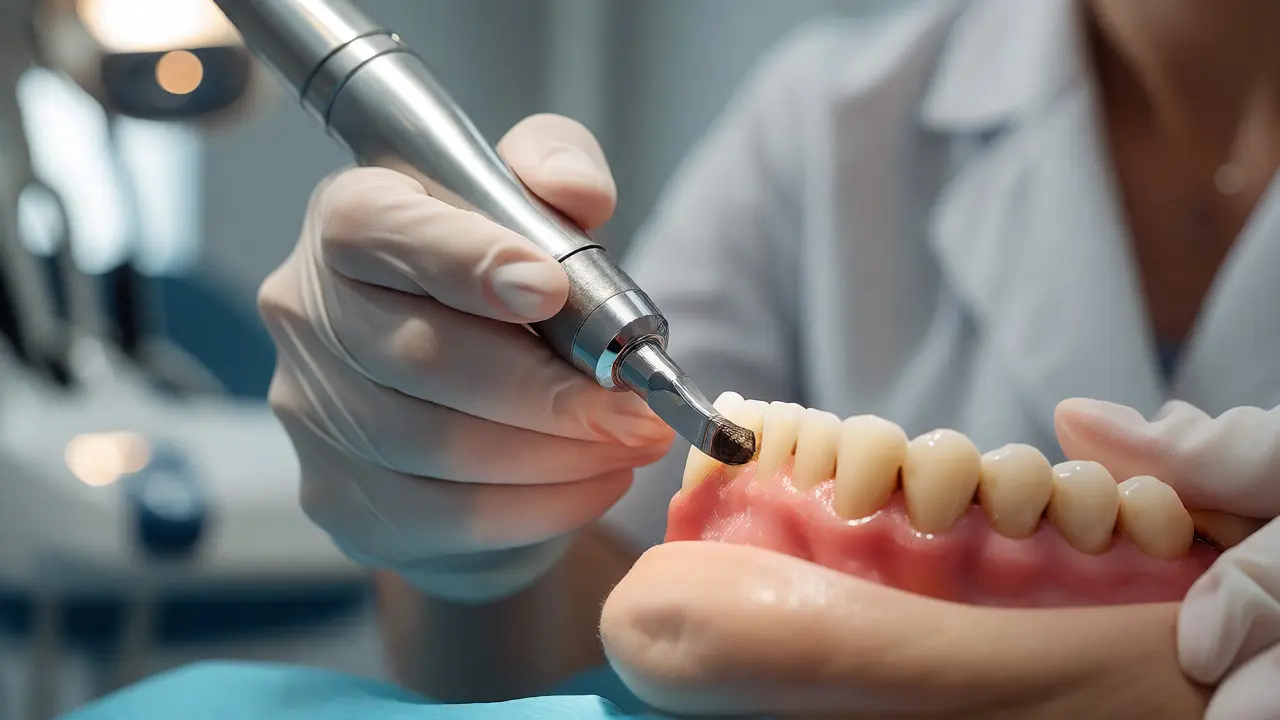Dentální hygienista odstraňuje zubní kámen ultrazvukovým přístrojem v ordinaci.