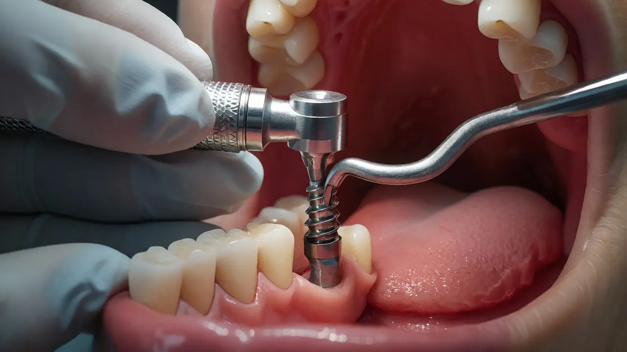 Detail chirurgického zákroku při zavádění titanového zubního implantátu.