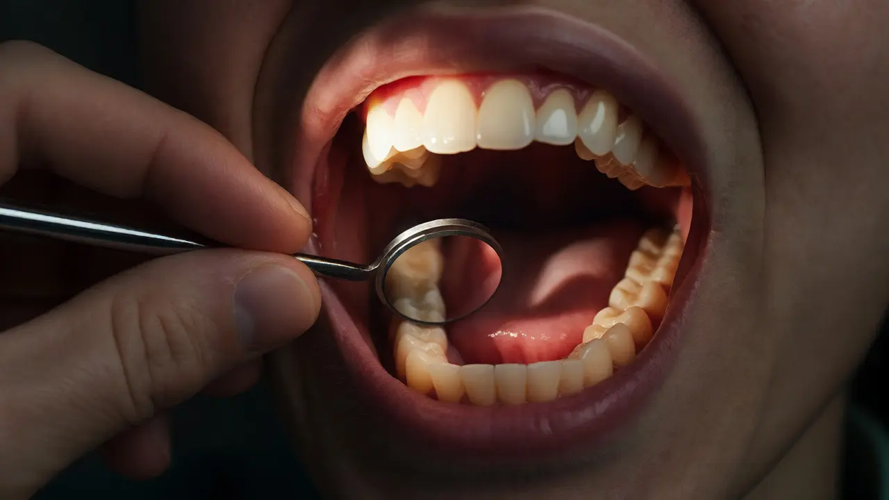 Detailní pohled do úst s dentálním zrcátkem odsouvajícím tvář pro kontrolu dásní
