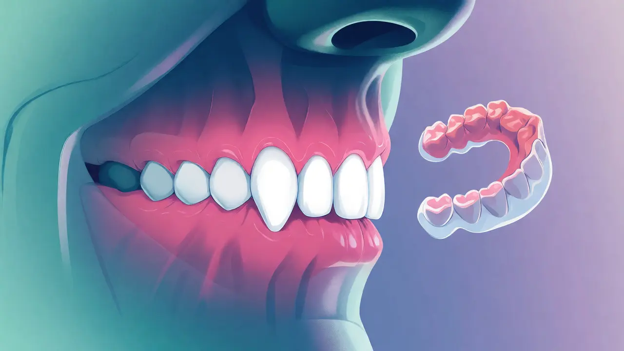 Ilustrace ochrany předních zubů pomocí dlahy na spaní při spánku