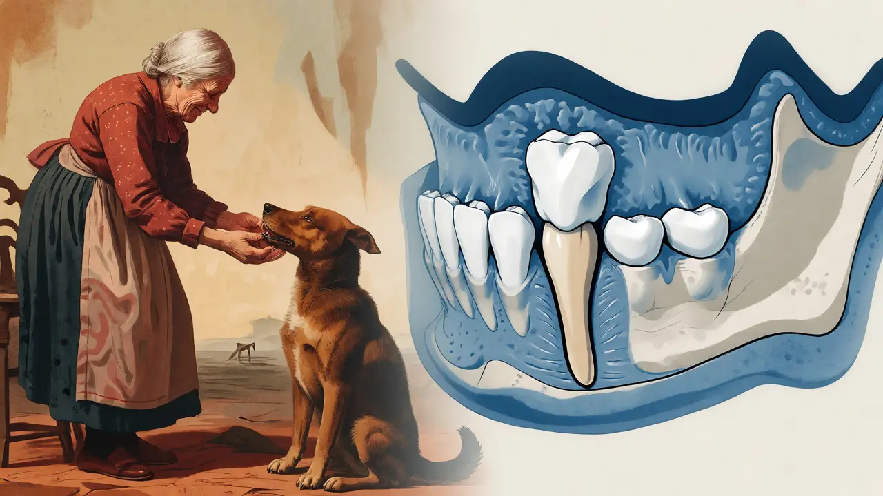 Konceptuální ilustrace spojující lidové pověry o zubech s anatomickou realitou