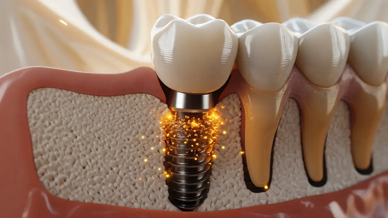 Konceptuální znázornění osseointegrace titanového implantátu s keramickou korunkou.