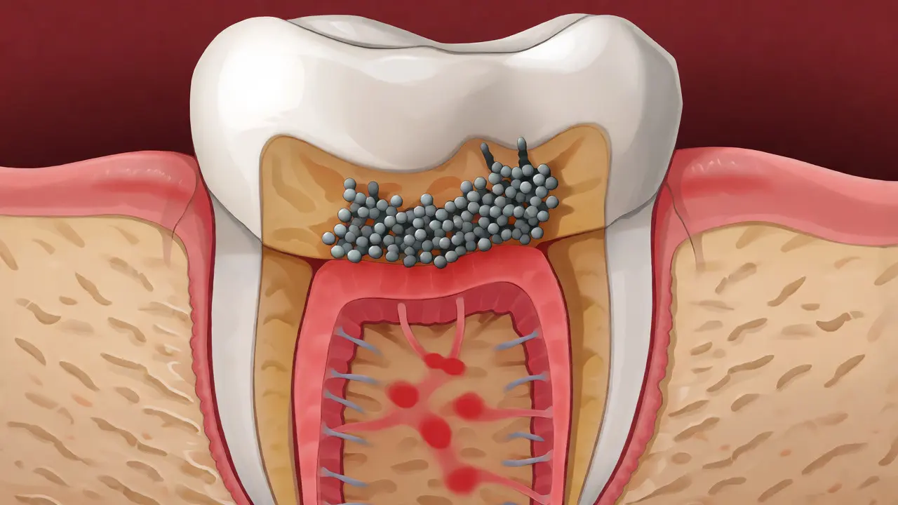 Medicínská ilustrace zánětu dásní (gingivitidy) a bakteriálního plaku u kořene zubu.