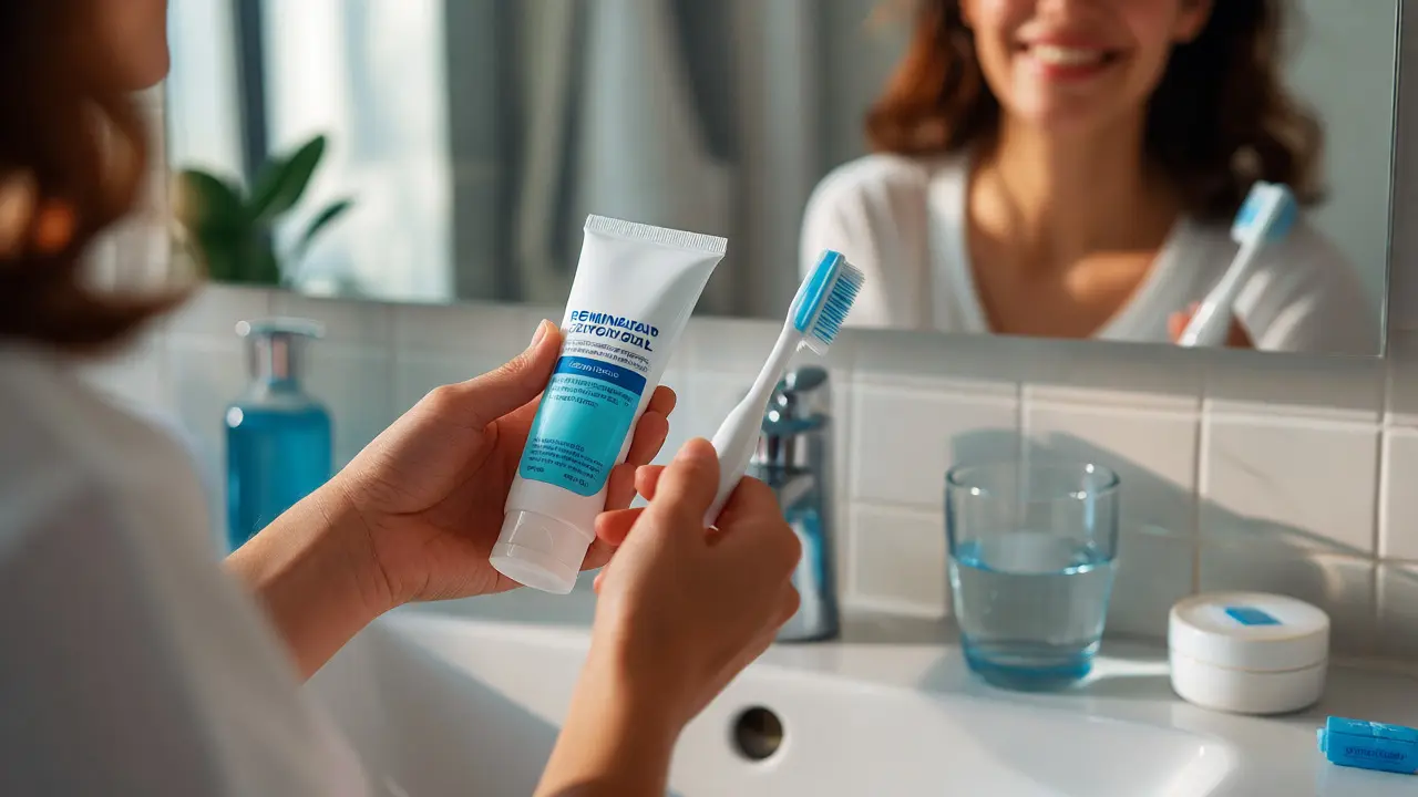 Osoba provádějící večerní ústní hygienu s remineralizačním gelem a přípravky pro prevenci.