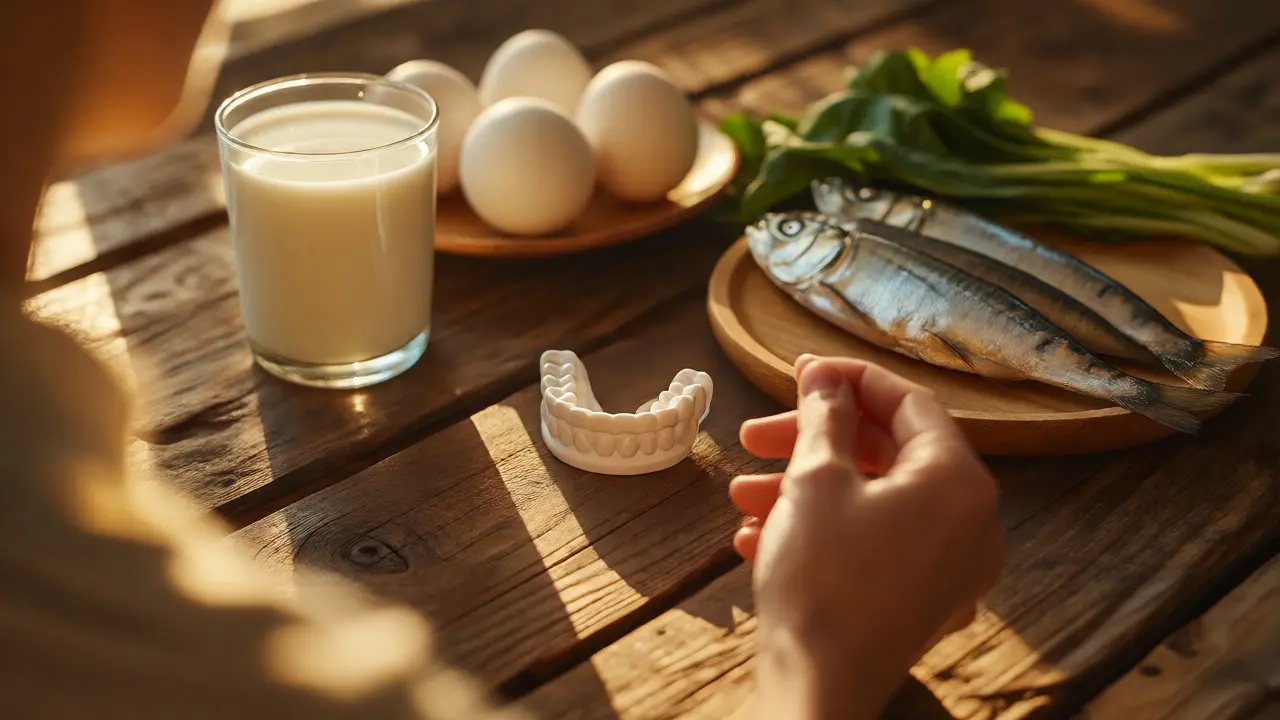 Zdravé potraviny bohaté na vápník a vitamín D vedle noční dlahy pro ochranu zubů.
