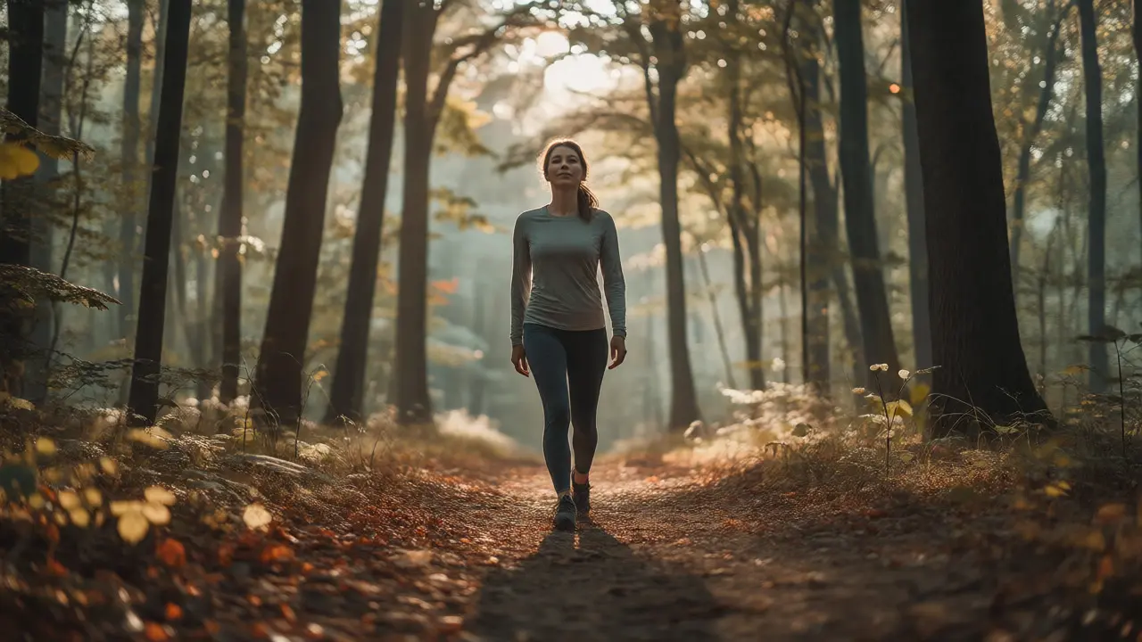 Žena procházející se klidným lesem bez telefonu jako forma relaxace