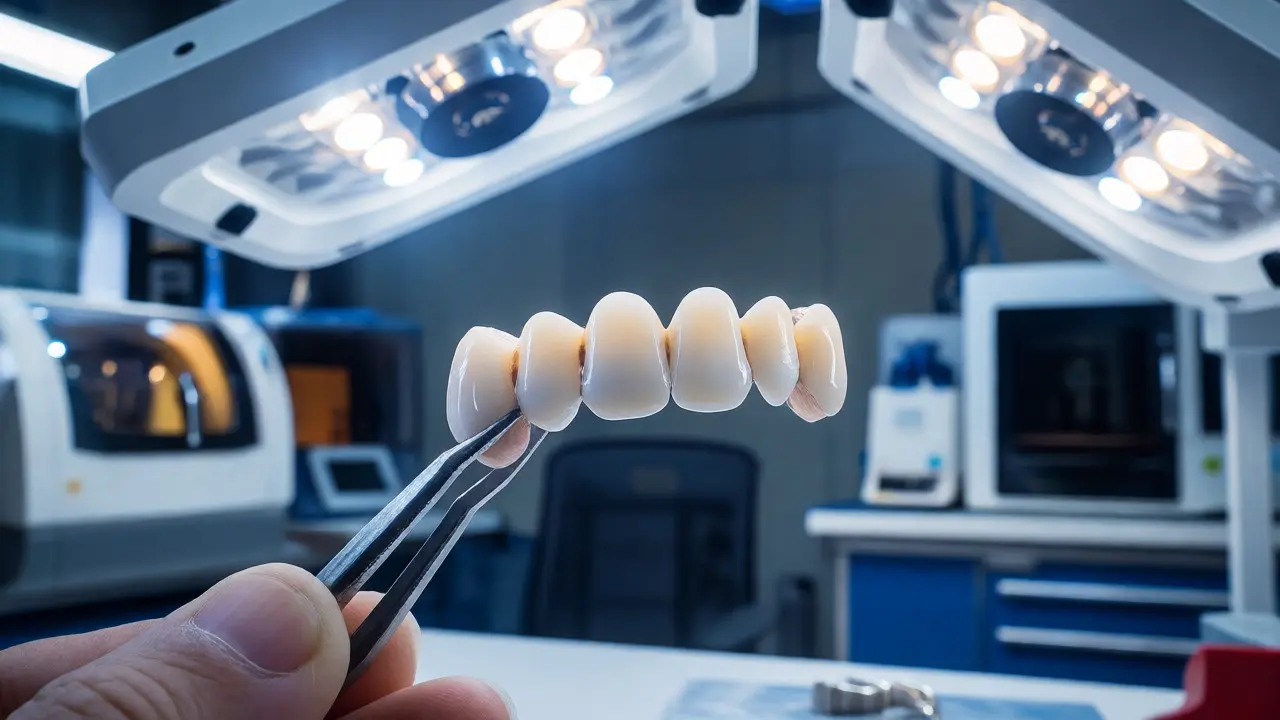 Zubní technik zkoumá zirkonový můstek v laboratoři pod světlem.