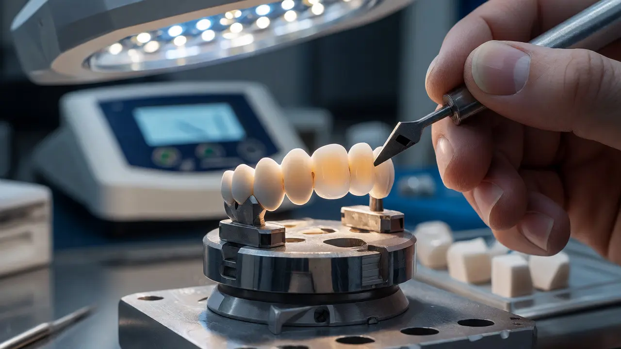 Zubní technik zpracovává keramickou korunku v laboratoři